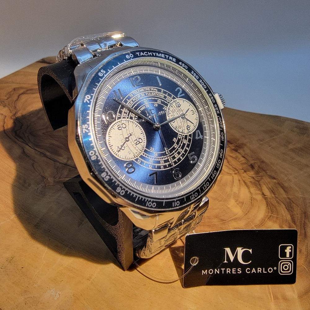 Montres Carlo MC Men's Silver Stainless Steel Wrist Watch - Blue 48mm Dial